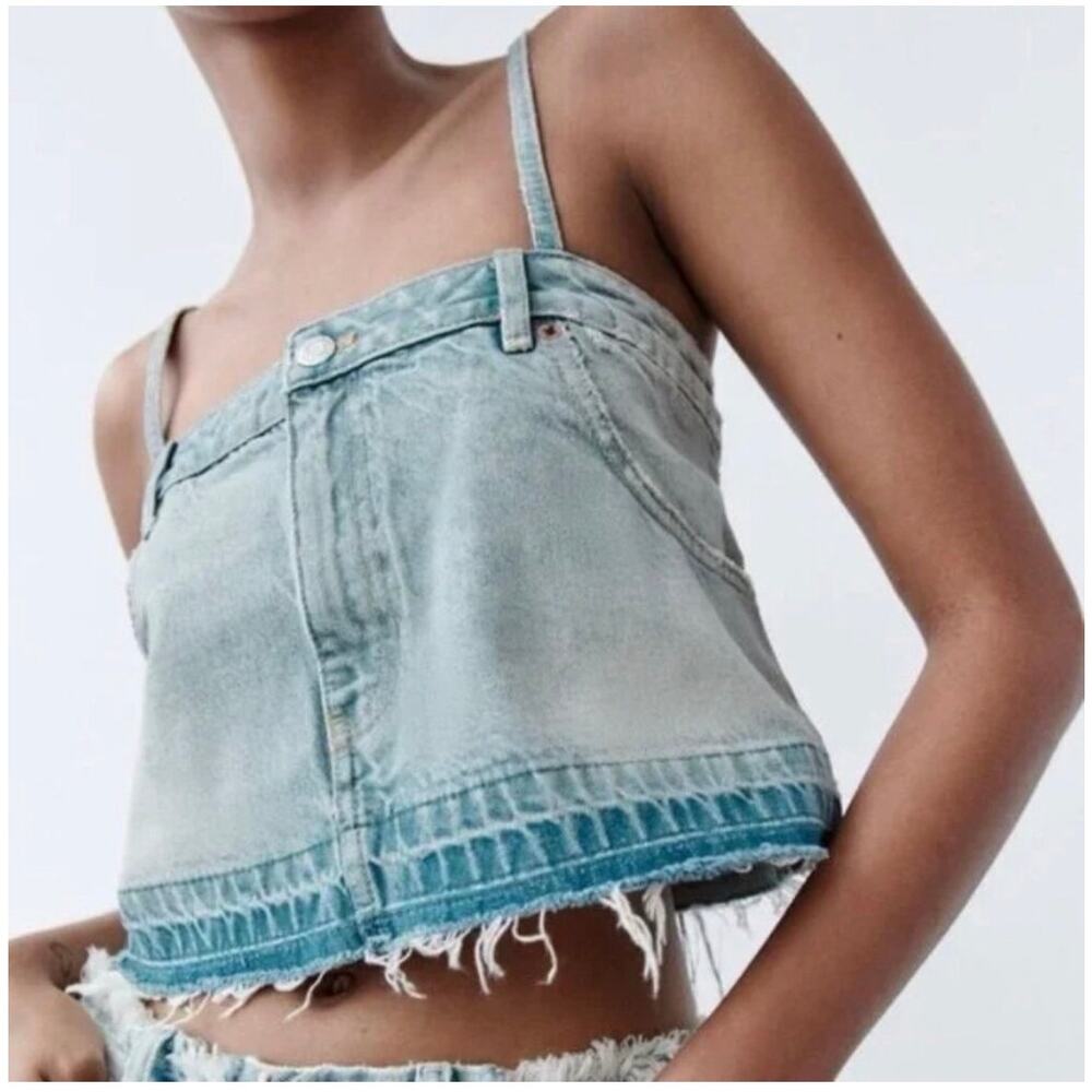 Zara Denim Jean Cropped Skirt Top With Spaghetti Straps Blue Wash - XS